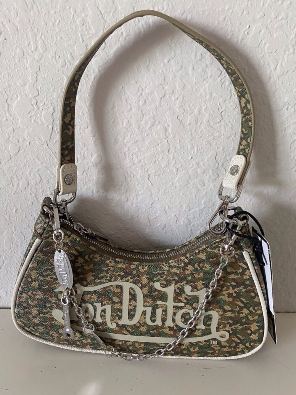 Von Dutch Shoulder Bag Green Khaki Camo Print‎ W/Charms Logo NEW